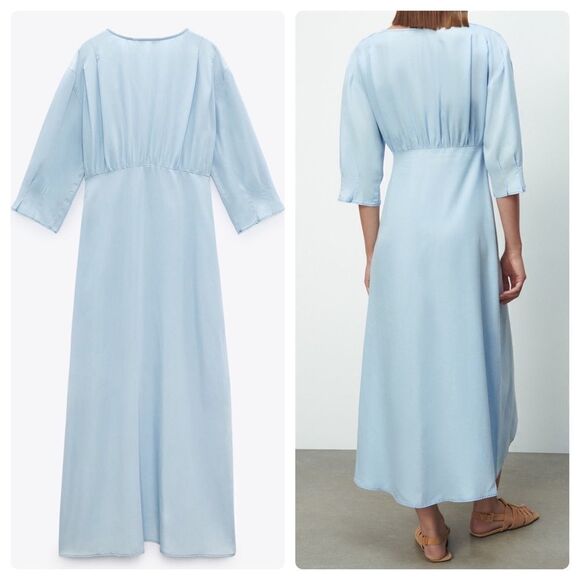 Zara V-Neck Midi Dress Light Blue Slit Lyocell New - Picture 3 of 5